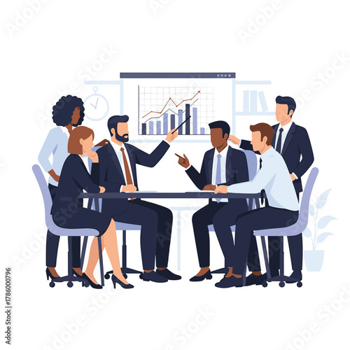 Diverse business team members in a meeting discussing financial data and strategies together