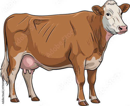 Realistic brown dairy cow illustration, milk cattle artwork, farm animal drawing, livestock vector, agriculture design, countryside farming concept, animal education graphic