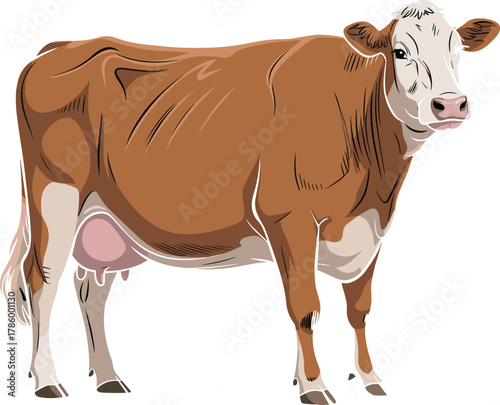 Realistic brown dairy cow illustration, milk cattle artwork, farm animal drawing, livestock vector, agriculture design, countryside farming concept, animal education graphic