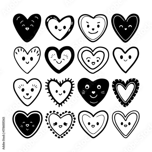 Cute heart illustrations with smiling faces in various designs ideal for decoration or children s art projects
