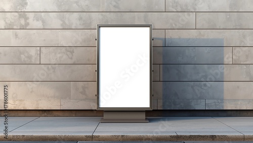 Blank white banner outside. Concrete building in the background. Retail concept. Mock up, 3D Rendering