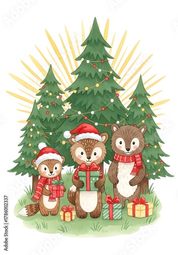 Three woodland animals celebrating Christmas with gifts and trees  