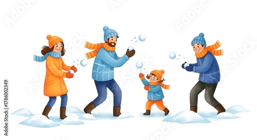 Family playing in the snow and having fun during winter  