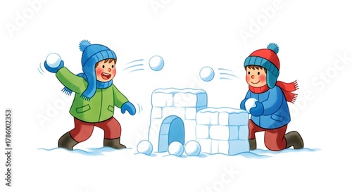 Two cheerful boys playing snowball fight near snow fort in winter  