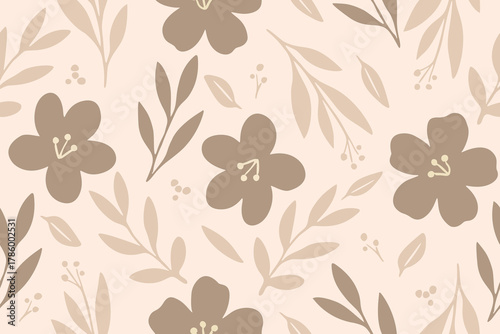 Elegant seamless floral pattern in warm beige and taupe tones. Soft botanical leaves and flowers create a calm, minimal, and natural aesthetic for modern designs.