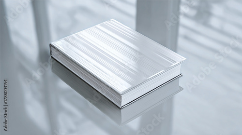 A minimalist and elegant book with a reflective surface sits on a polished surface, evoking a sense of calm and clarity. Its pristine cover gleams, promising untold stories within. 
