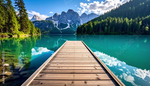 Fototapeta Naklejka Na Ścianę i Meble -  Tranquil turquoise lake with wooden dock, mountains, forest backdrop under a blue sky with fluffy clouds