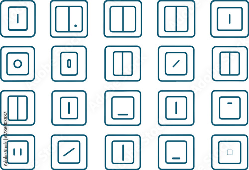 Collection of light switch icons isolated on white background, featuring various on off positions and toggle states for electrical control panels