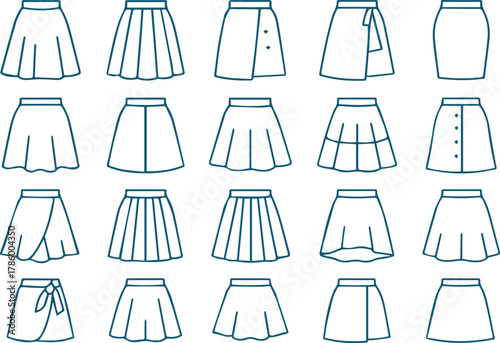 A collection of outline drawings showcasing various skirt designs, isolated on white background, offering a diverse range of styles and silhouettes for bottoms