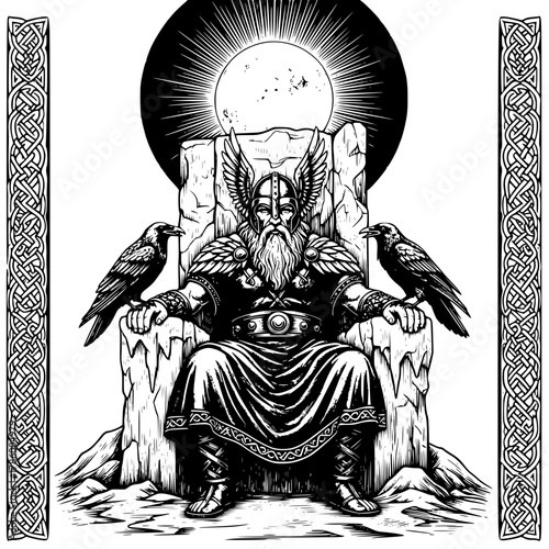 Ancient Norse Odin Illustration with Ravens | Viking Engraved Artwork