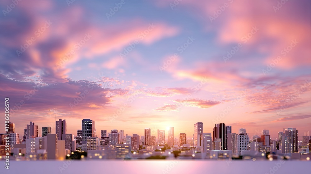 Fototapeta premium Vibrant Sunset Over Modern City Skyline with Colorful Clouds and Tall Buildings Reflecting Sunlight in an Urban Landscape