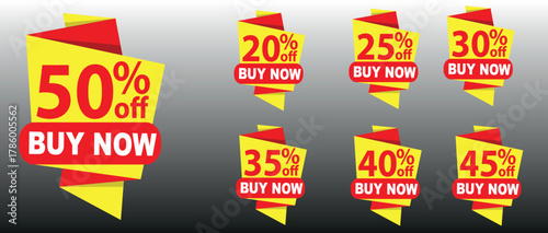 Buy Now Discount Badges Vector Set, 20, 25, 30, 35, 40, 45, 50 Percent Off Yellow Red Labels