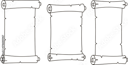 blank scrolls illustration, ancient parchment, medieval paper, vintage design, empty scroll, fantasy prop, historical theme, cad drawing flat vector illustration