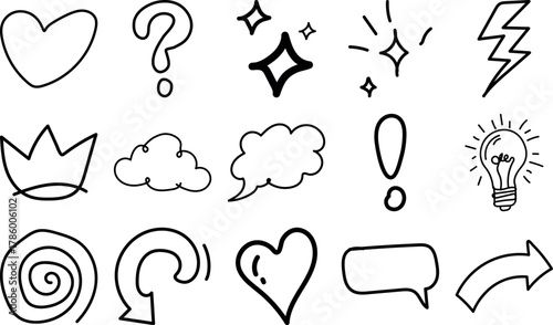 A set of simple black and white hand drawn doodles including hearts, question marks, stars, lightning, clouds, and more.