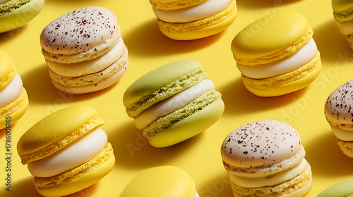 soft yellow background with vibrant macarons arranged in a playful pattern