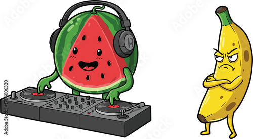Cartoon fruits, watermelon DJ, banana character, funny illustration, music theme, expressive faces, black vector, flat design, cad drawing, playful scene