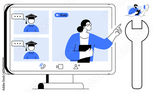 Interactive online class with teacher presenting to two graduates via live video chat, tools symbolizing support. Ideal for education, learning, training, webinars, teamwork, communication, support