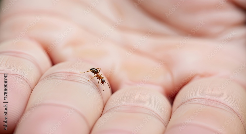 Obraz premium Tiny Ant on Human Hand - Close-Up Macro View.