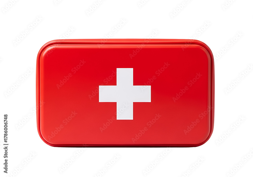 Fototapeta premium A red first aid kit with a white cross symbol stands out against a black background.