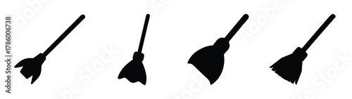 Collection of witch brooms for halloween decoration and party supplies silhouette vector illustration