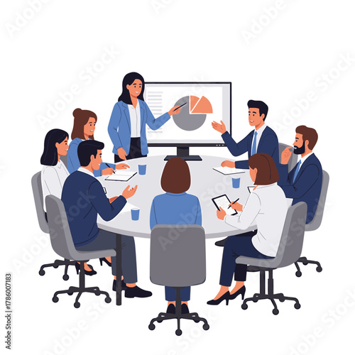 Diverse group of business professionals engaged in a presentation and discussion in a meeting.