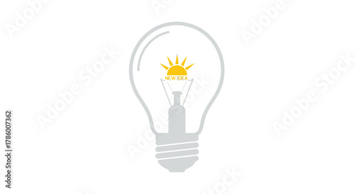 A bright yellow sun with the words new idea inside a light bulb symbolizing innovation and creativity