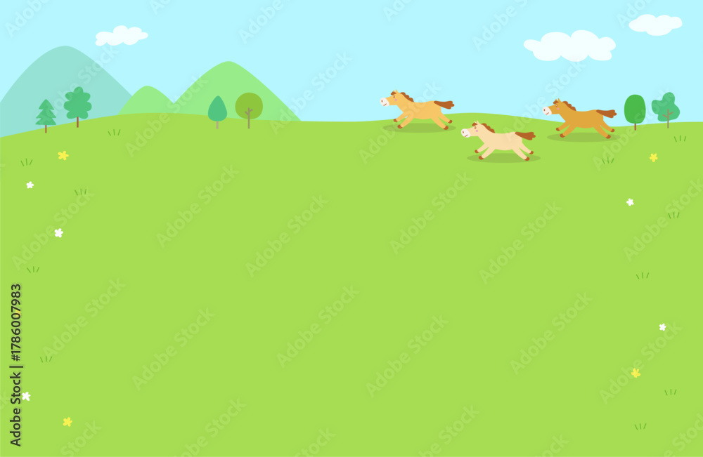 Fototapeta premium 草原を走る馬たちの背景フレームイラスト