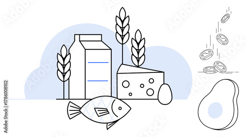 Milk carton, cheese, fish, wheat, avocado, egg, and coins symbolizing healthy eating, diet planning, financial management food sustainability lifestyle balance wellness and simple flat metaphor