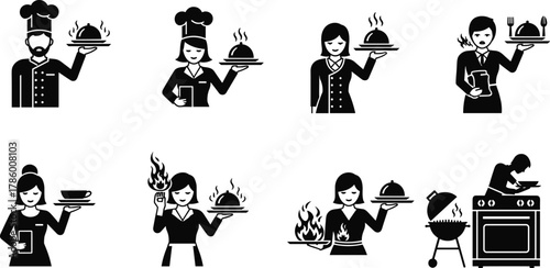 Chef, waitress, waiter, cooking, serving, kitchen, food, restaurant, flaming tray, menu, pot, stove, vector, icon, black, white, funny, mishap, character, cad drawing flat vector illustration