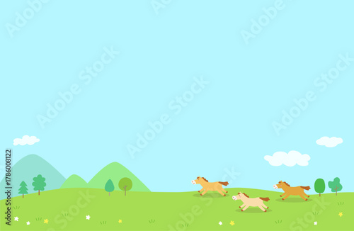 草原を走る馬たちの背景イラスト