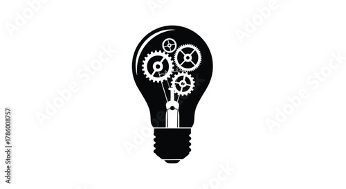 Black silhouette of a light bulb filled with interlocking gears symbolizing innovation and mechanical ideas