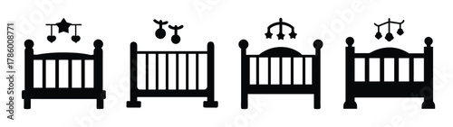 Baby cribs nursery furniture silhouettes: vintage wooden cribs with hanging baby mobiles for design