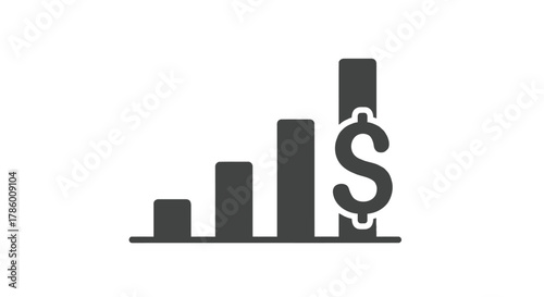 A simple dark gray icon representing a bar graph with increasing bars and a dollar sign indicating financial growth and success