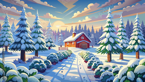 Very beautiful Christmas pine tree farm blanketed in white snow, surrounded by lush fir trees in the winter season, featuring soft natural light, gentle shadows, and a realistic serene holiday landsca