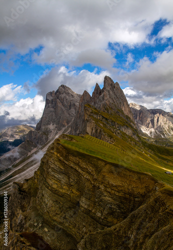 Seceda is one of the most popular locations in the Dolomites - a 2519 m high mountain in the Dolomite Alps, in the Val Gardena region. Italy. Tourism concept.