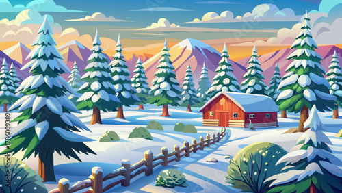 Very beautiful Christmas pine tree farm blanketed in white snow, surrounded by lush fir trees in the winter season, featuring soft natural light, gentle shadows, and a realistic serene holiday landsca