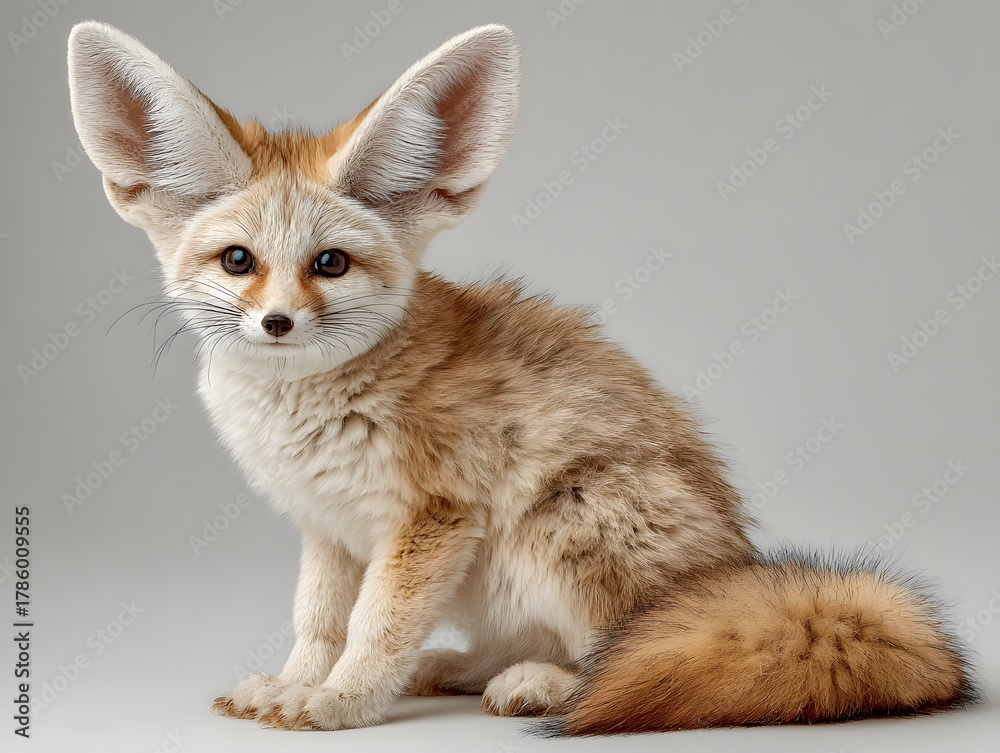 Obraz premium Full-body studio portrait of an incredibly cute fennec fox is captured against a clean white background. Its large, prominent ears and soft, sandy fur are in very sharp focus.