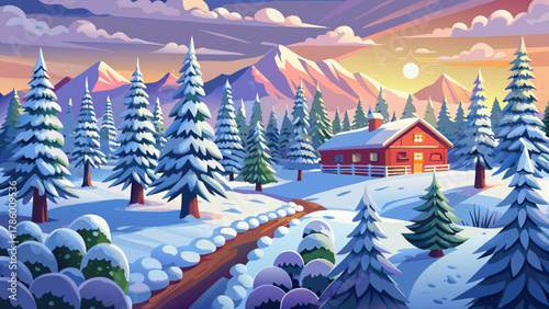 Very beautiful Christmas pine tree farm blanketed in white snow, surrounded by lush fir trees in the winter season, featuring soft natural light, gentle shadows, and a realistic serene holiday landsca