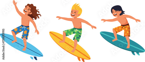 Children surfing on colorful boards, summer beach fun, playful wave riders, cartoon kids in swim trunks, energetic ocean scene, flat vector illustration