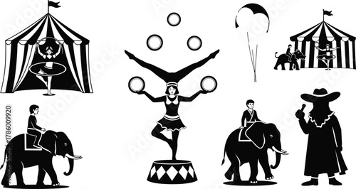 Circus performance scene, acrobat juggling rings, elephant rider, parachute stunt, ringmaster illustration, carnival tent, cad drawing flat vector illustration