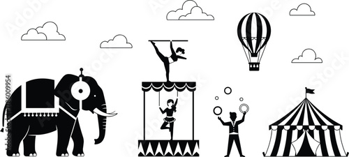 Circus scene line drawing, elephant trapeze juggler tent, playful performance sketch art, cad drawing flat vector illustration