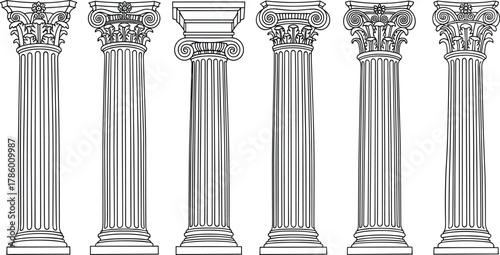 classical column vector, architectural order icons, doric ionic corinthian, flat design pillars, ancient structure illustration, cad drawing flat vector illustration