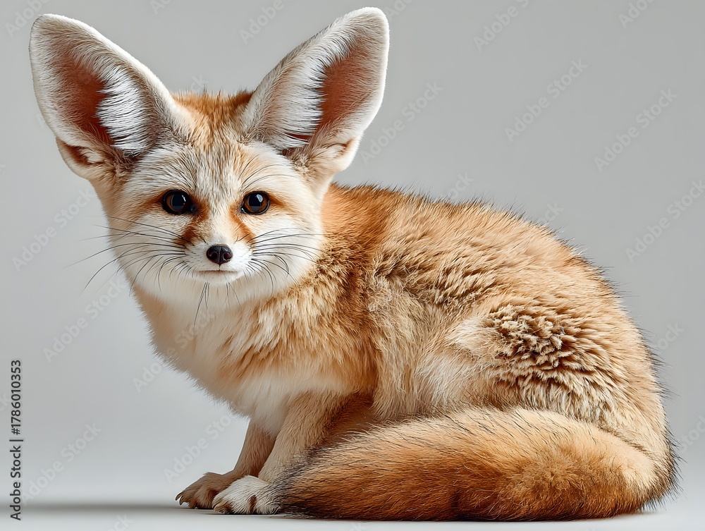 Obraz premium Full-body studio portrait of an incredibly cute fennec fox is captured against a clean white background. Its large, prominent ears and soft, sandy fur are in very sharp focus.