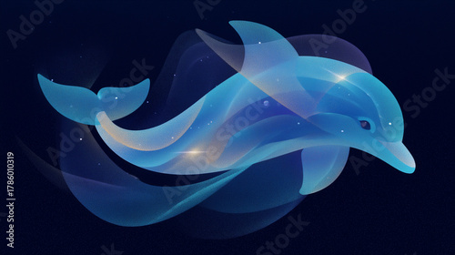 ethereal dolphin illustration with glowing translucent waves in deep ocean blue
