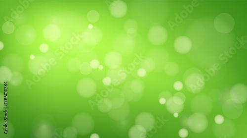 Spring green background with bokeh lights. Empty backdrop of bright lime green gradient color with blurred circles or flying fuzz. Vector horizontal HD template with copy space for banner design.