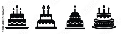 Black and white birthday cake vector illustration with candles for party celebration design