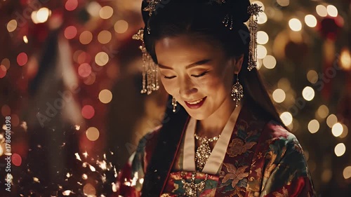 Woman Wearing Traditional Attire Smiling Surrounded By Sparkling Lights Bokeh Background