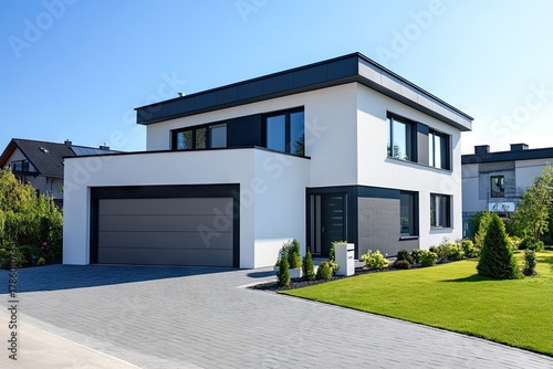 Modern house with a gray garage door.