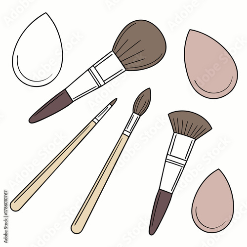 Collection of makeup brushes and beauty blenders