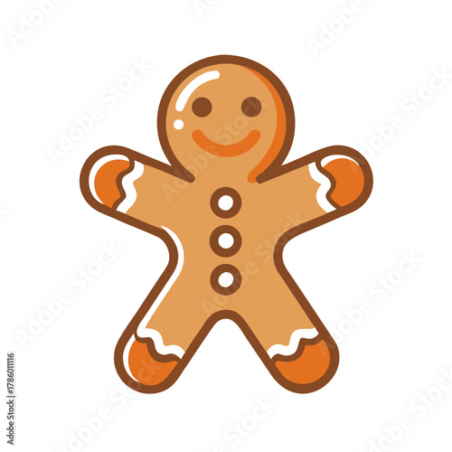 Gingerbread man cookie with smiling face and decorative icing detail in minimalist flat design